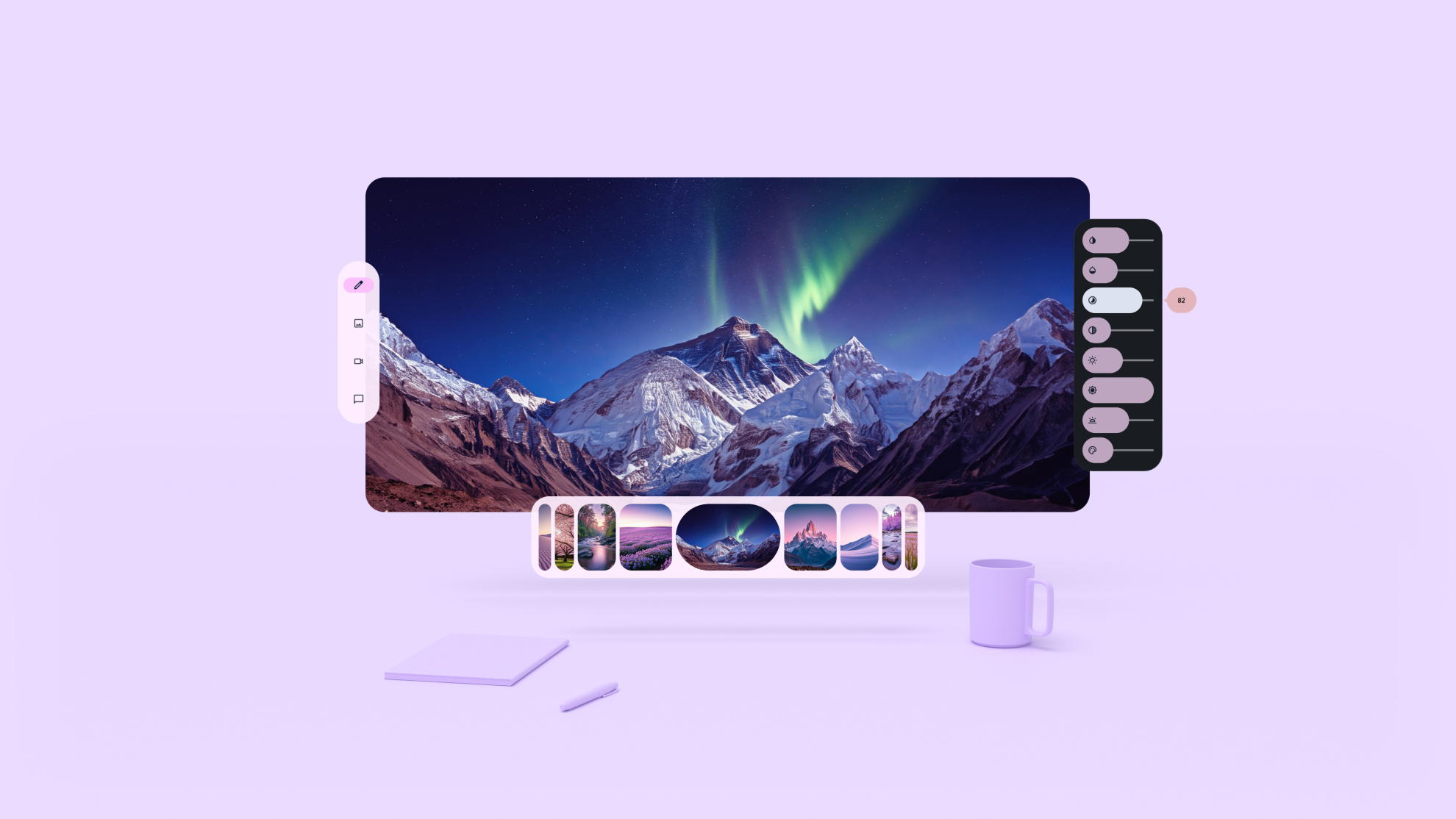 یک برنامه اندروید XR با شفق شمالی و یک کوه برفی. سه کاربر منوهای کنترل در مدارگردها هستند. آنها بالاتر از پانل اصلی، یک به سمت چپ، راست و پایین آن طرفین