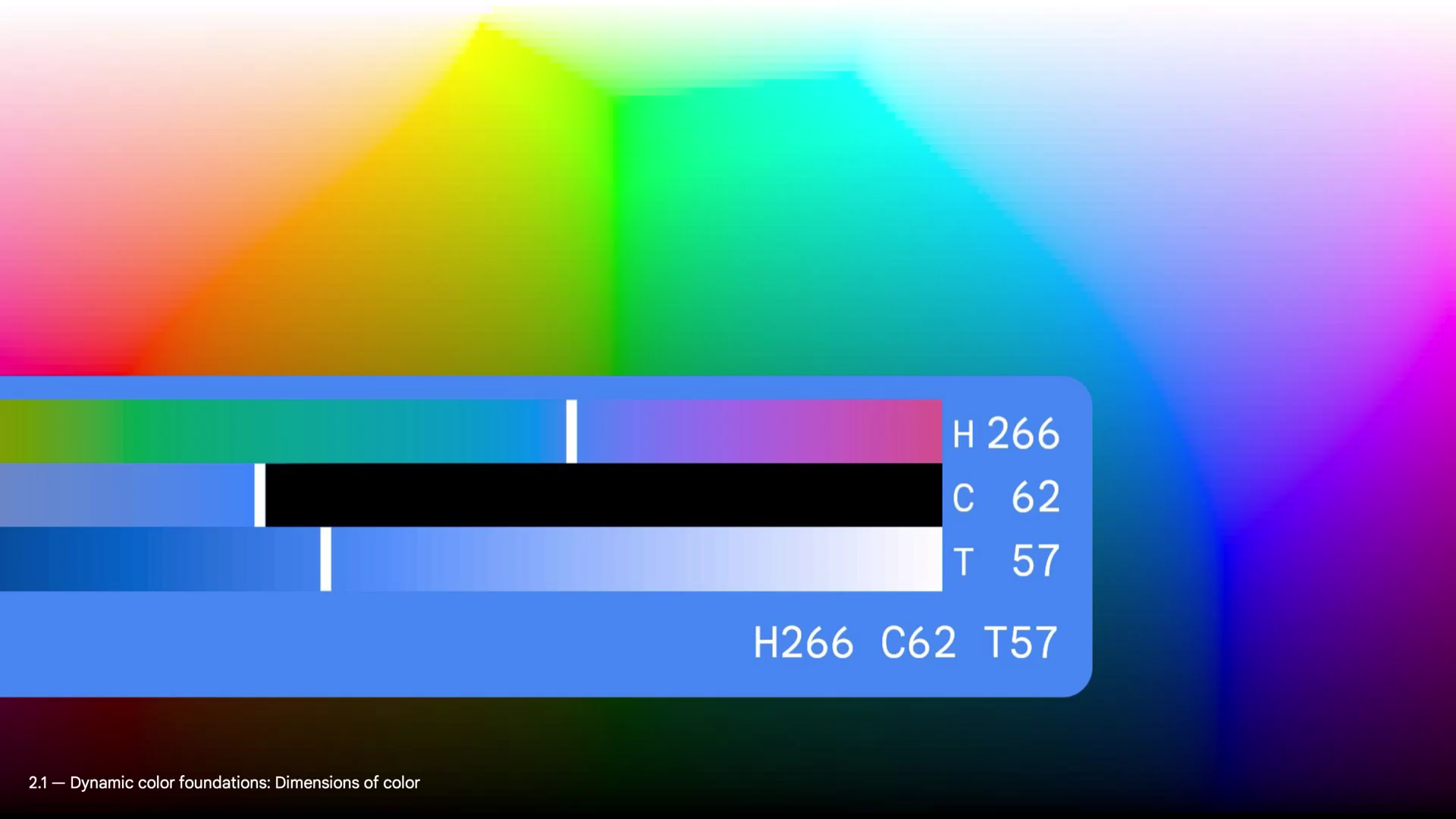 Hệ thống Material Design sử dụng một không gian màu có tên là HCT. Không gian màu này xác định tất cả màu bằng cách sử dụng ba phương diện: sắc độ, độ sắc và tông màu.