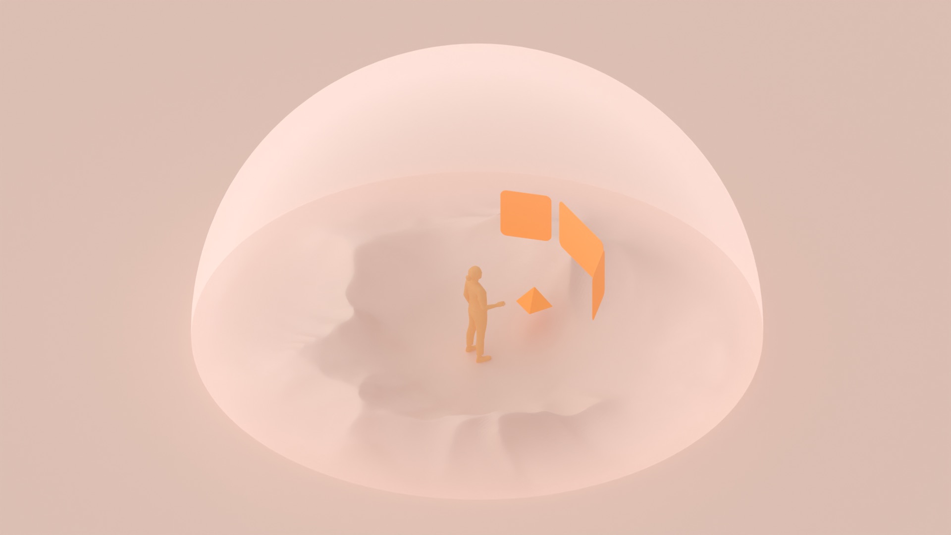 Person standing in a virtual moon crater with an app open in
    front of them. The app has three panels and a 3D pyramid.