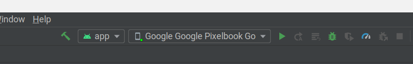 Chromebook listed in Android Studio's device menu.