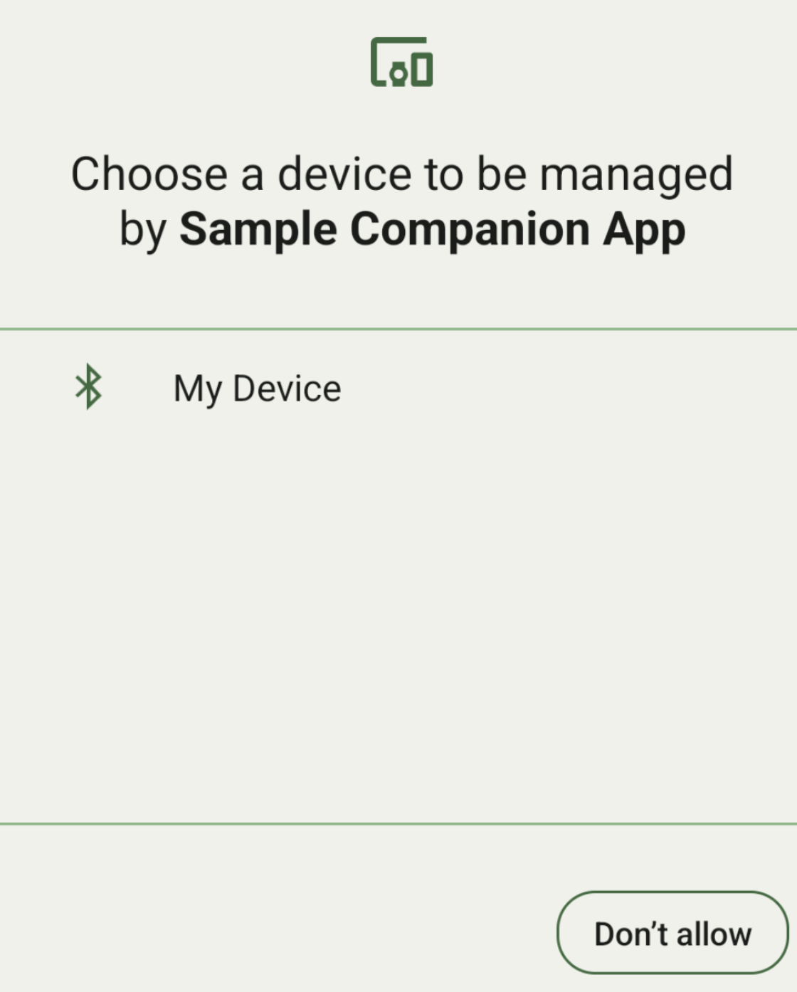 La pantalla de vinculación de dispositivos complementarios, que se limita a una sola opción de vinculación