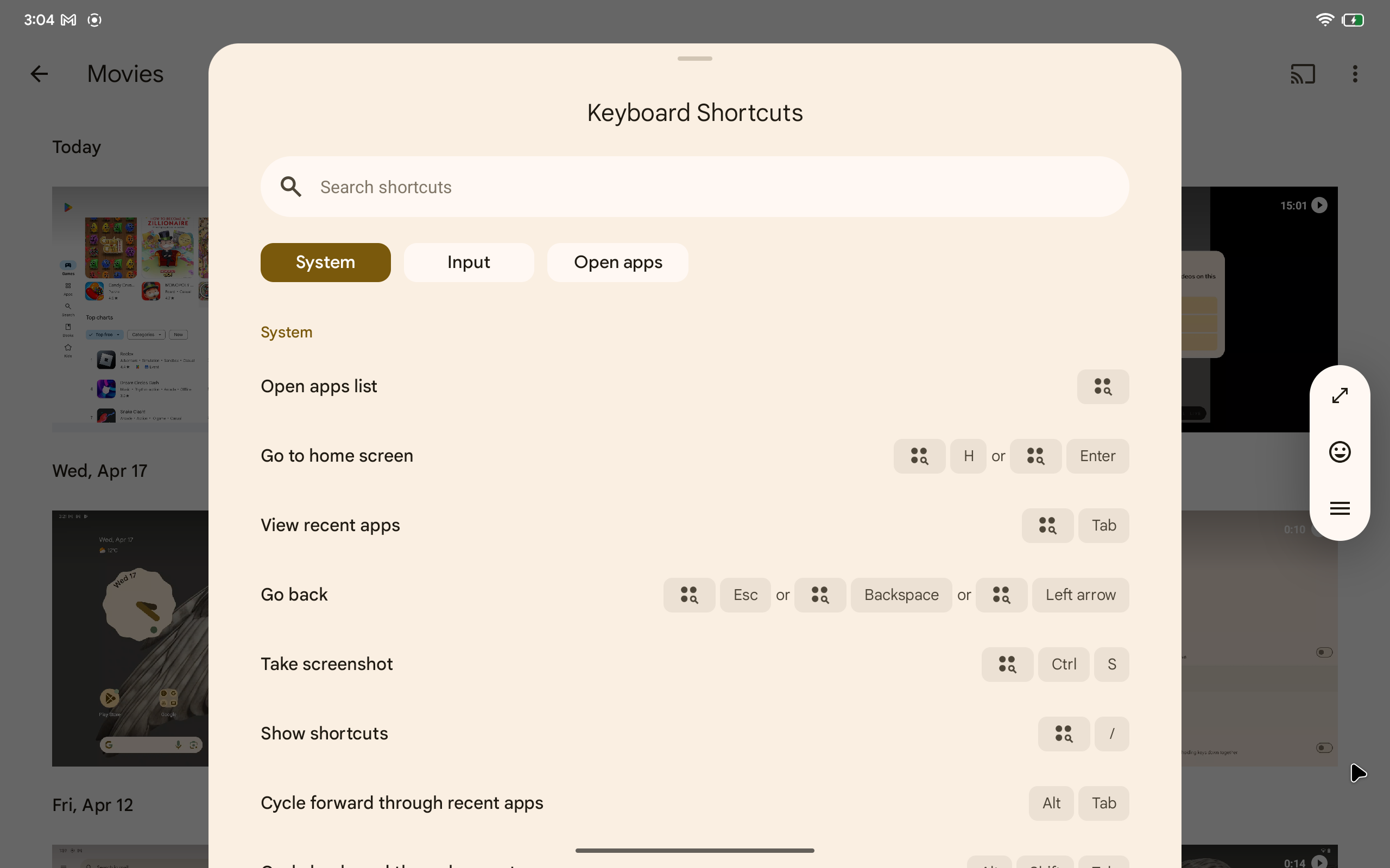 Application open on a device showing system shortcuts.