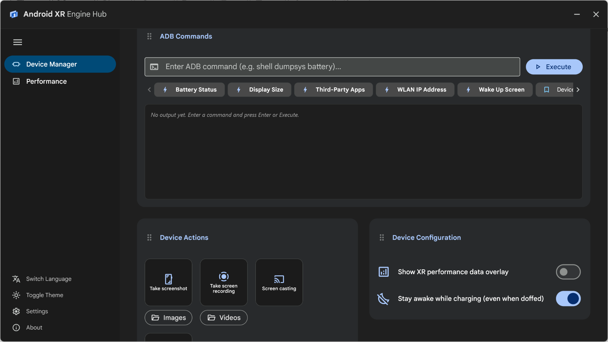 The ADB Commands, Device Actions, and Device Configuration cards in the Android XR Engine Hub