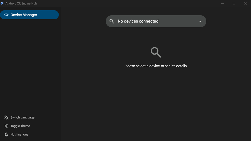 The Device Manger screen in the Android XR Engine Hub