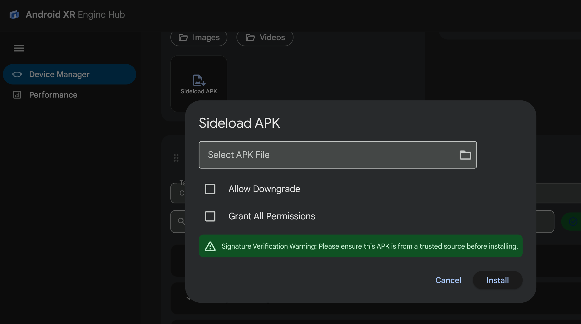 The Sideload APK dialog in the Android XR Engine Hub