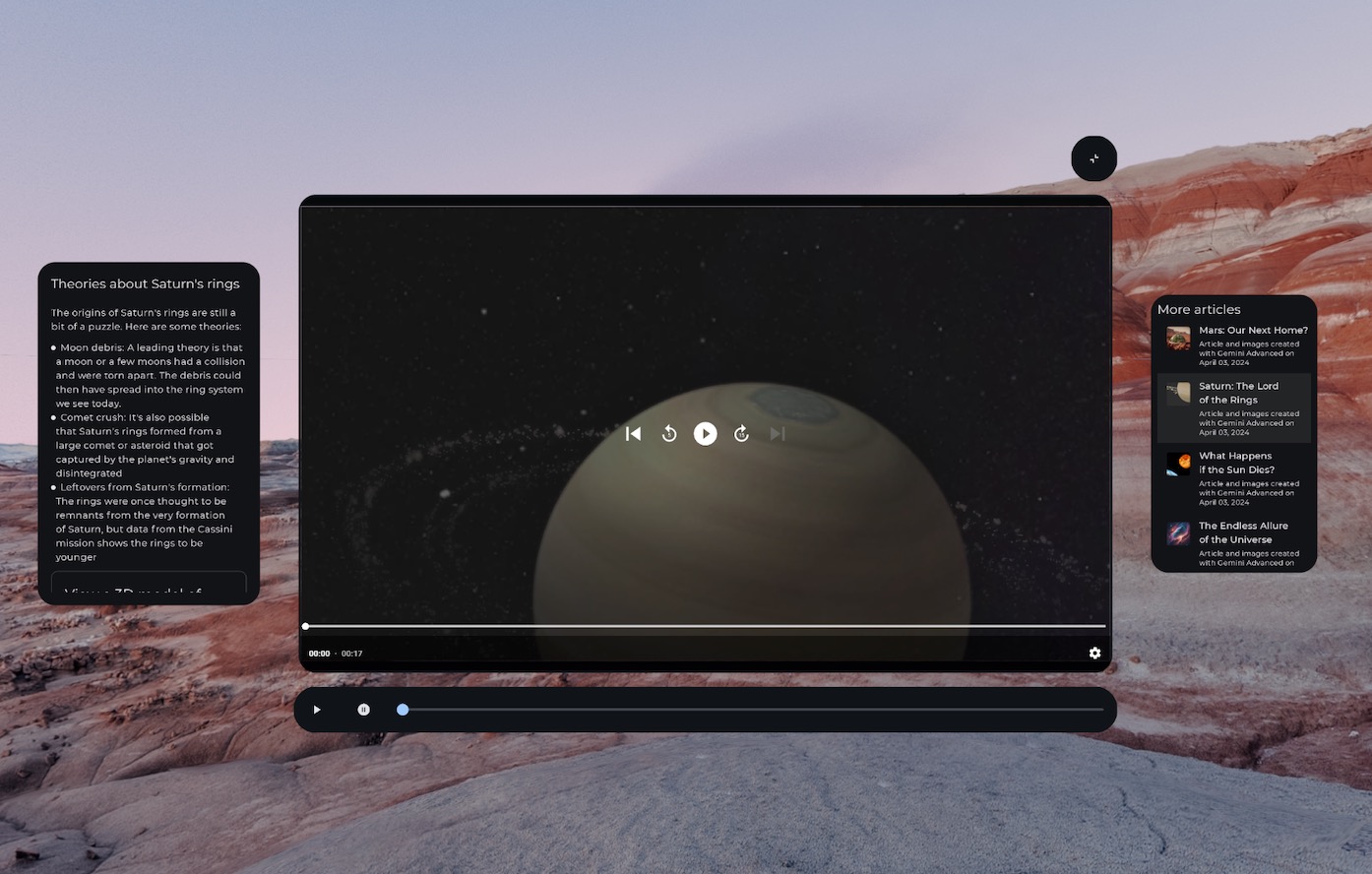 Kontrol media yang di-spatialisasi (diadaptasi XR) dalam orbiter dan konten yang dibagi
menjadi beberapa panel
spasial
