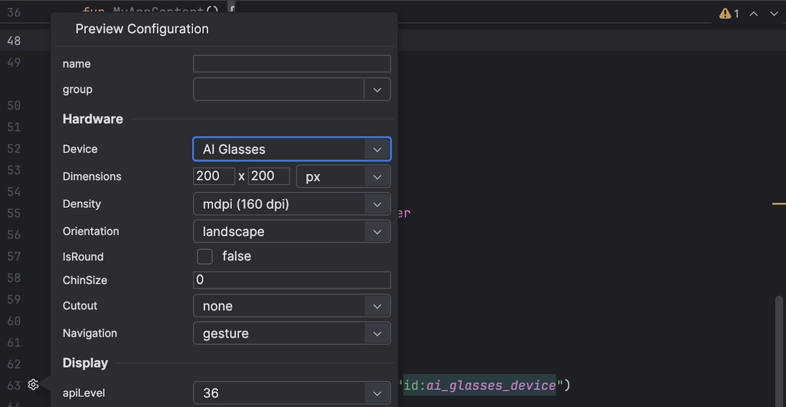 Select AI Glasses for the device in the composable function preview
configuration.