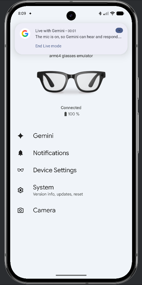 手機模擬器上的通知指出主機麥克風輸入已啟用。
