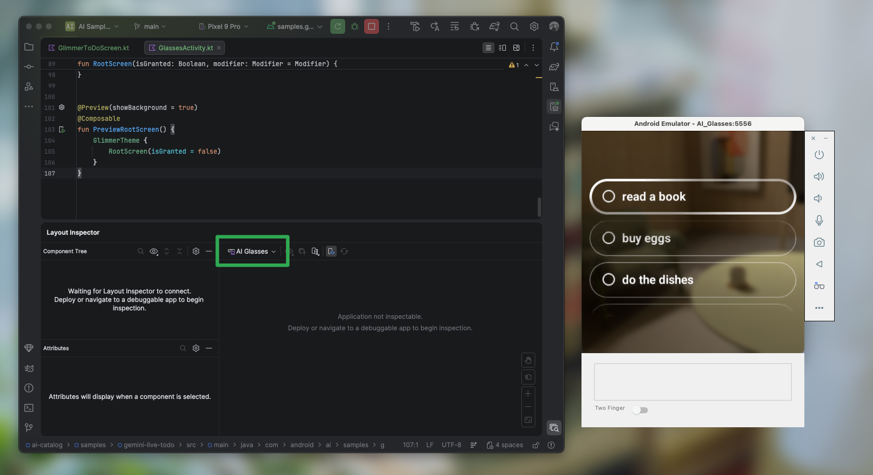 Visualização do Layout Inspector com o menu suspenso &quot;Dispositivos em execução&quot; destacado.
