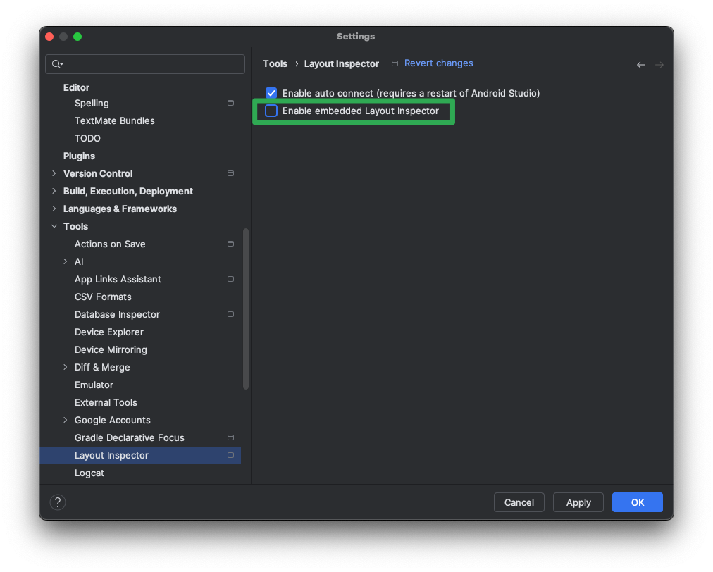 Layout Inspector टूल के लिए, Android Studio का सेटिंग पेज.
