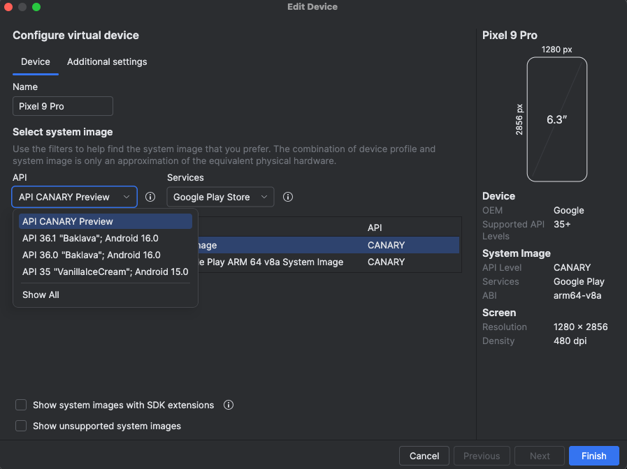 スマートフォン ホストデバイスの AVD API レベル構成。