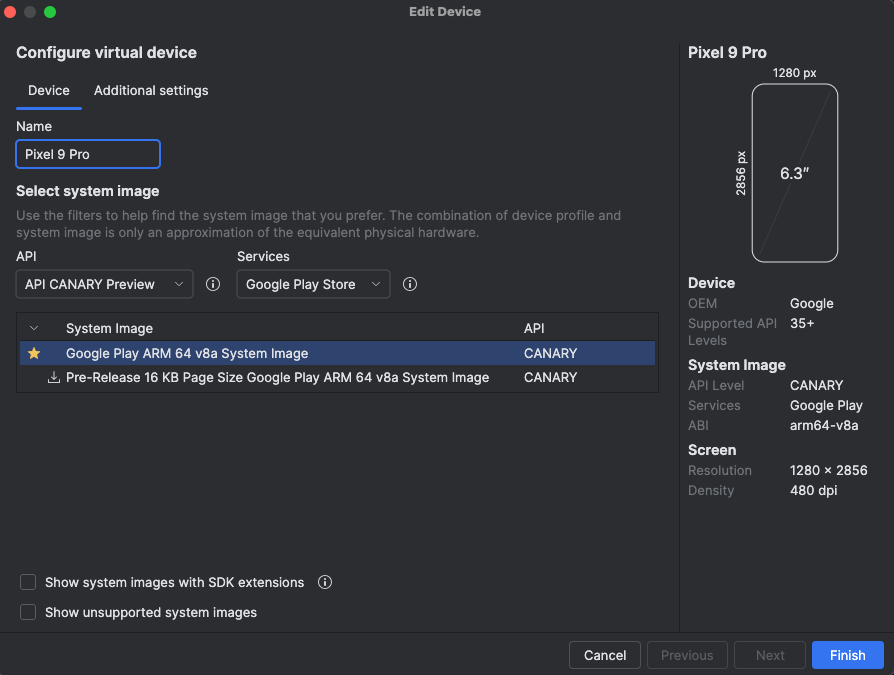 Konfiguracja obrazu systemu AVD na potrzeby urządzenia hosta telefonu.