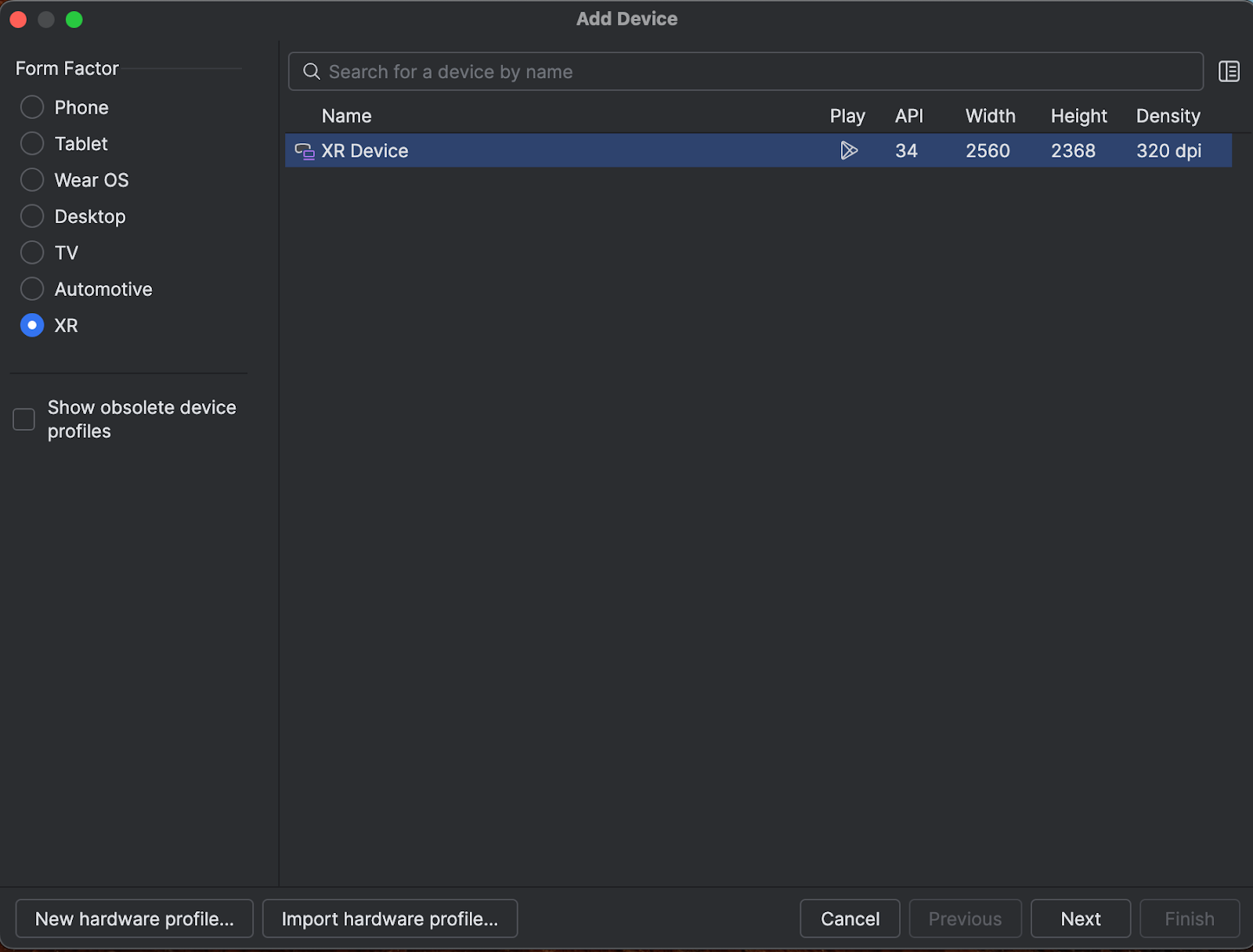 Tela de adição de dispositivo do Android Studio