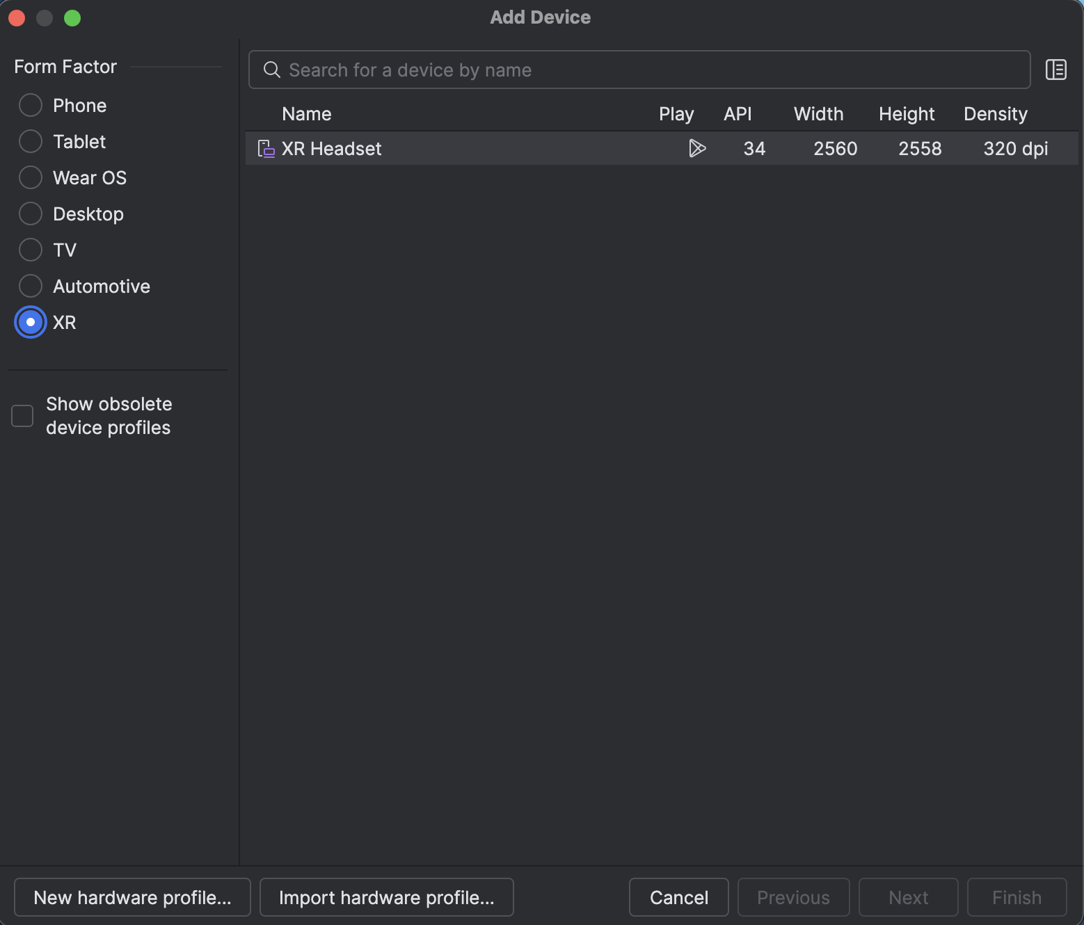 Layar penambahan perangkat Android Studio
