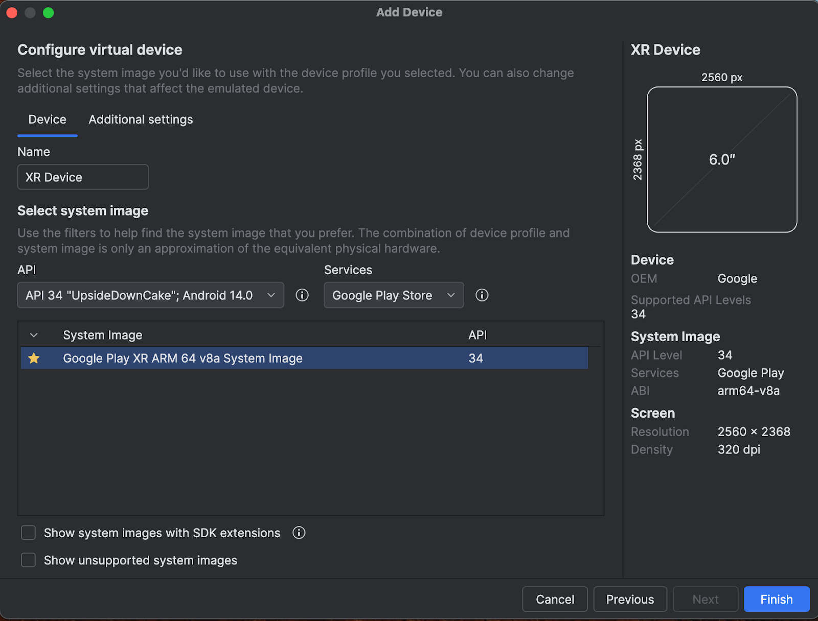 מסך של הגדרת מכשיר וירטואלי ב-Android Studio