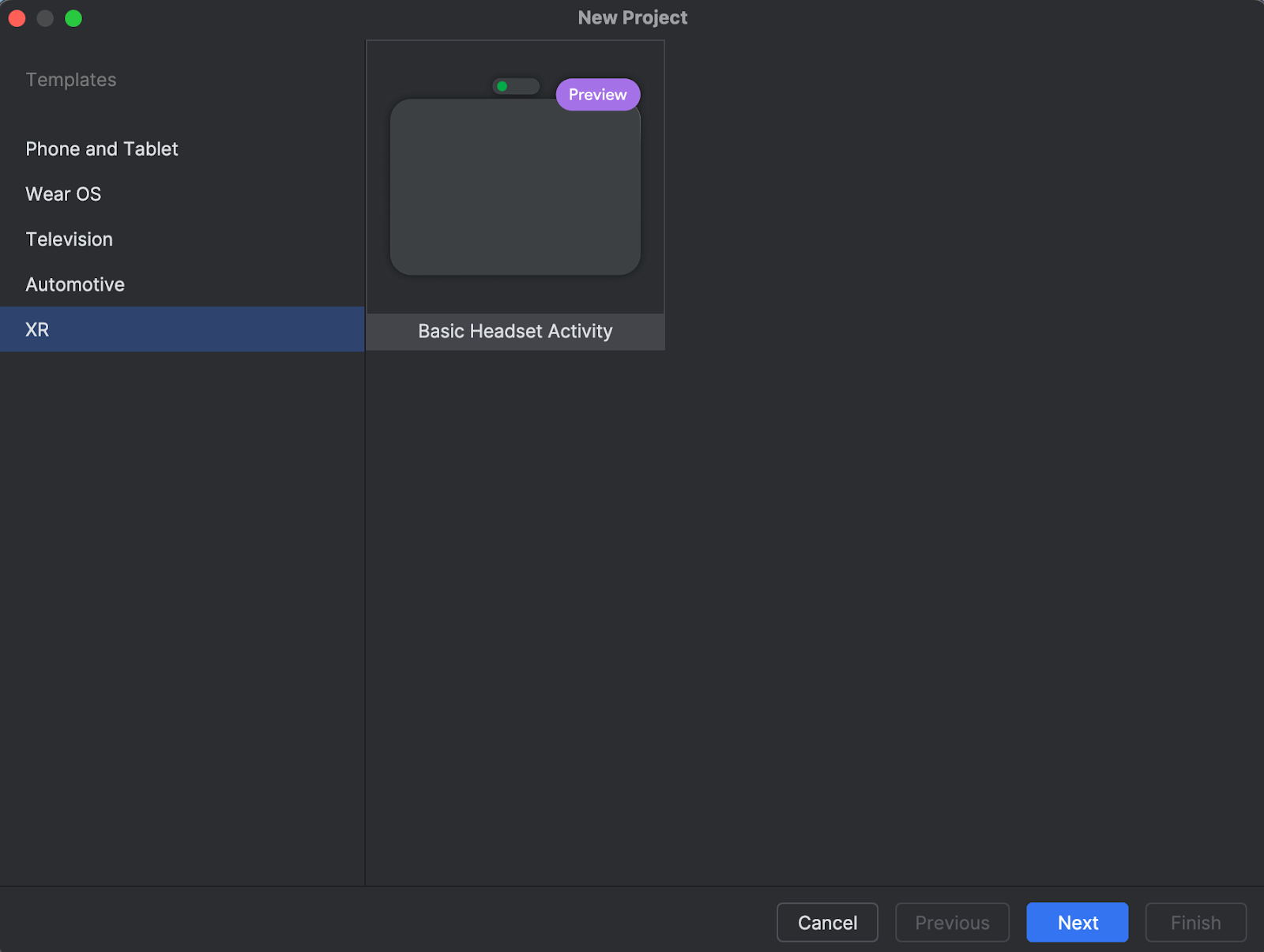 หน้าจอโปรเจ็กต์ใหม่ของ Android Studio