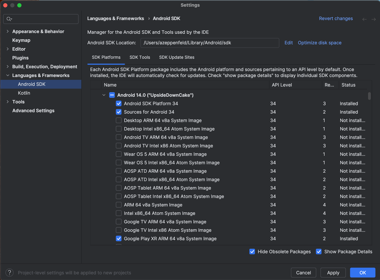 Tela da plataforma do SDK do Android Studio