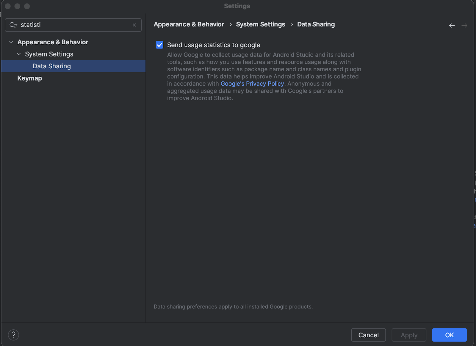 Android studio settings screen