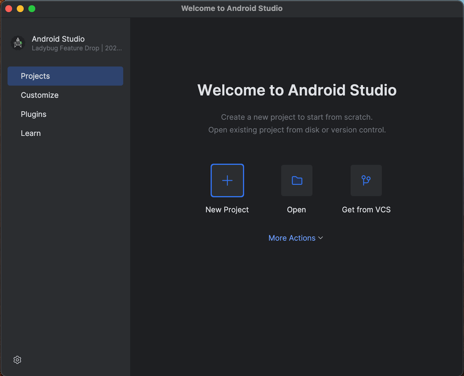 Pantalla de bienvenida de Android Studio