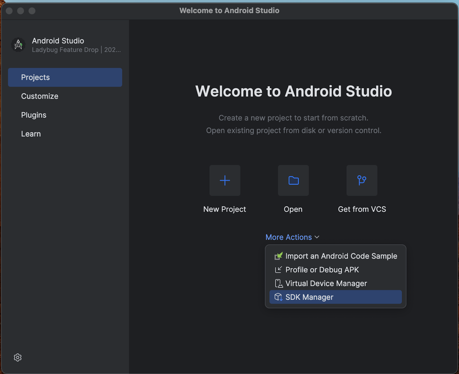 Màn hình chào mừng của Android Studio