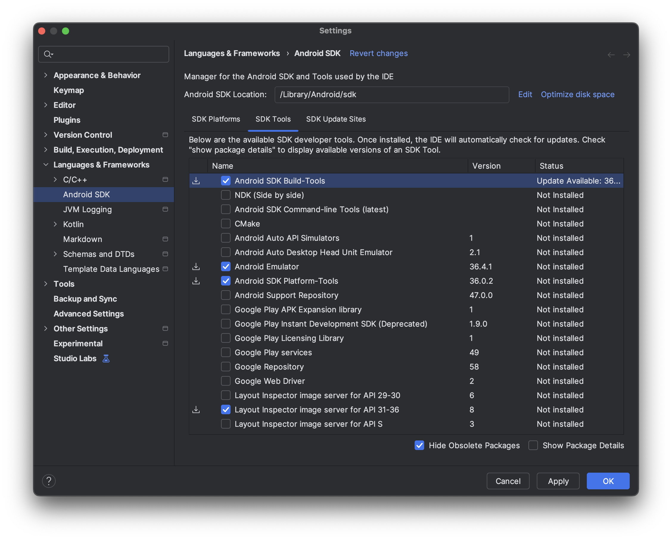 Android Studio SDK 工具标签页