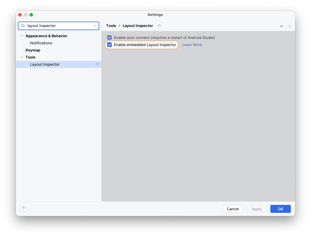การตั้งค่าเครื่องมือตรวจสอบเลย์เอาต์ของ Android Studio