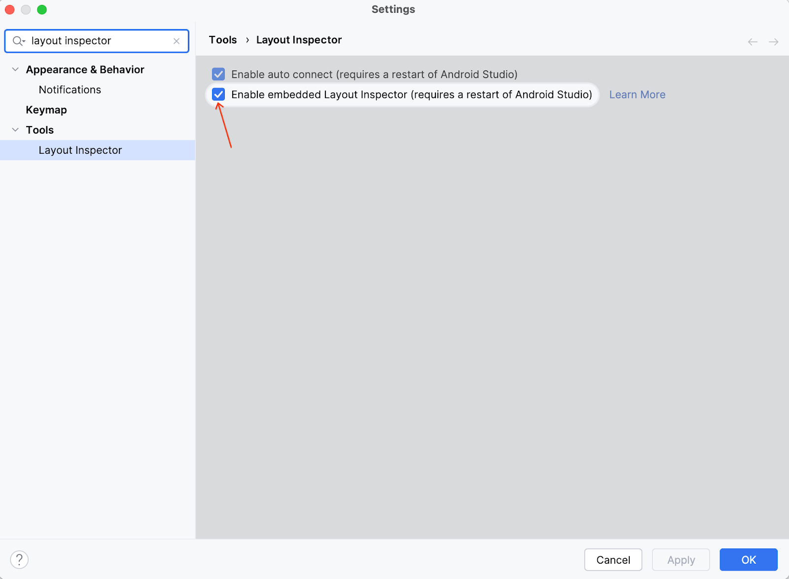 Página de configuración de Android Studio