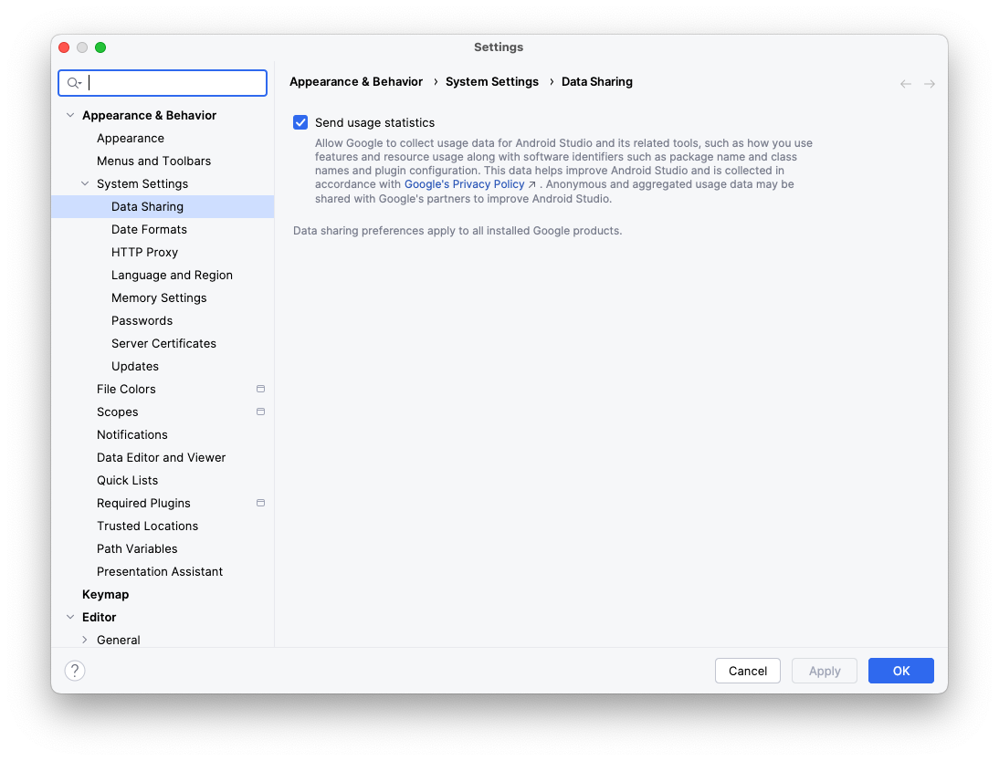 Android studio settings screen