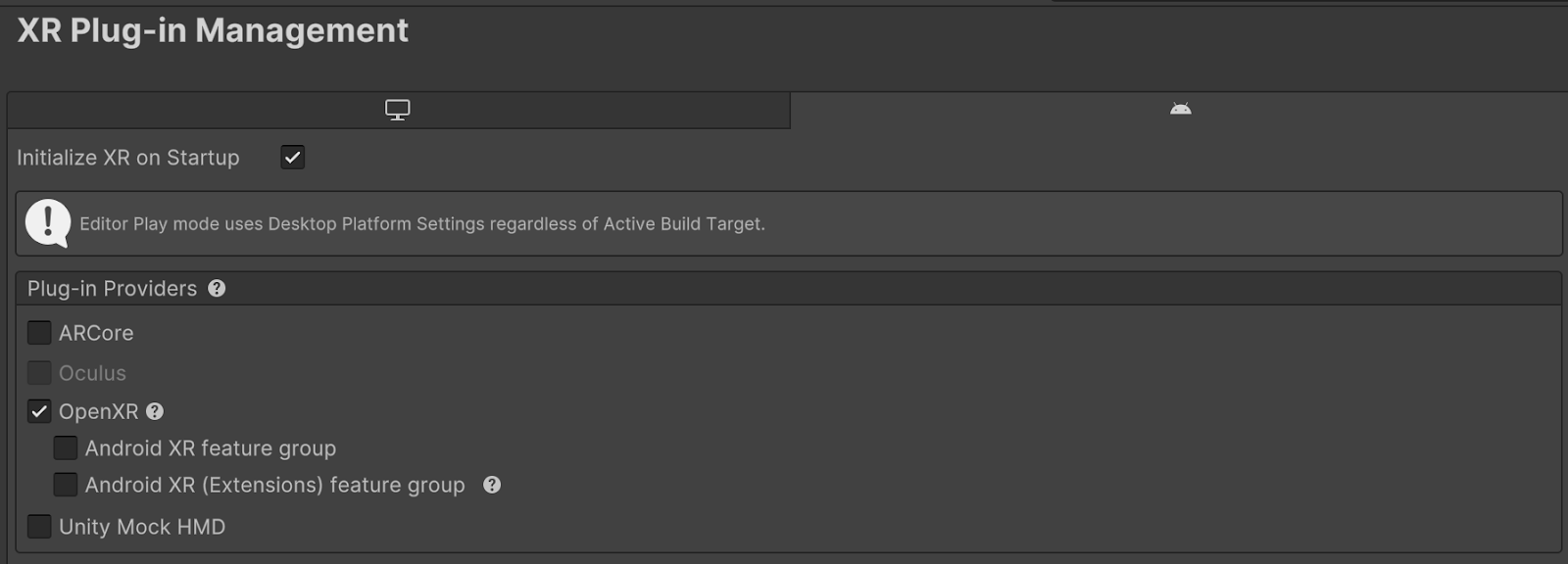 Example of the unity xr plugin management
screen
