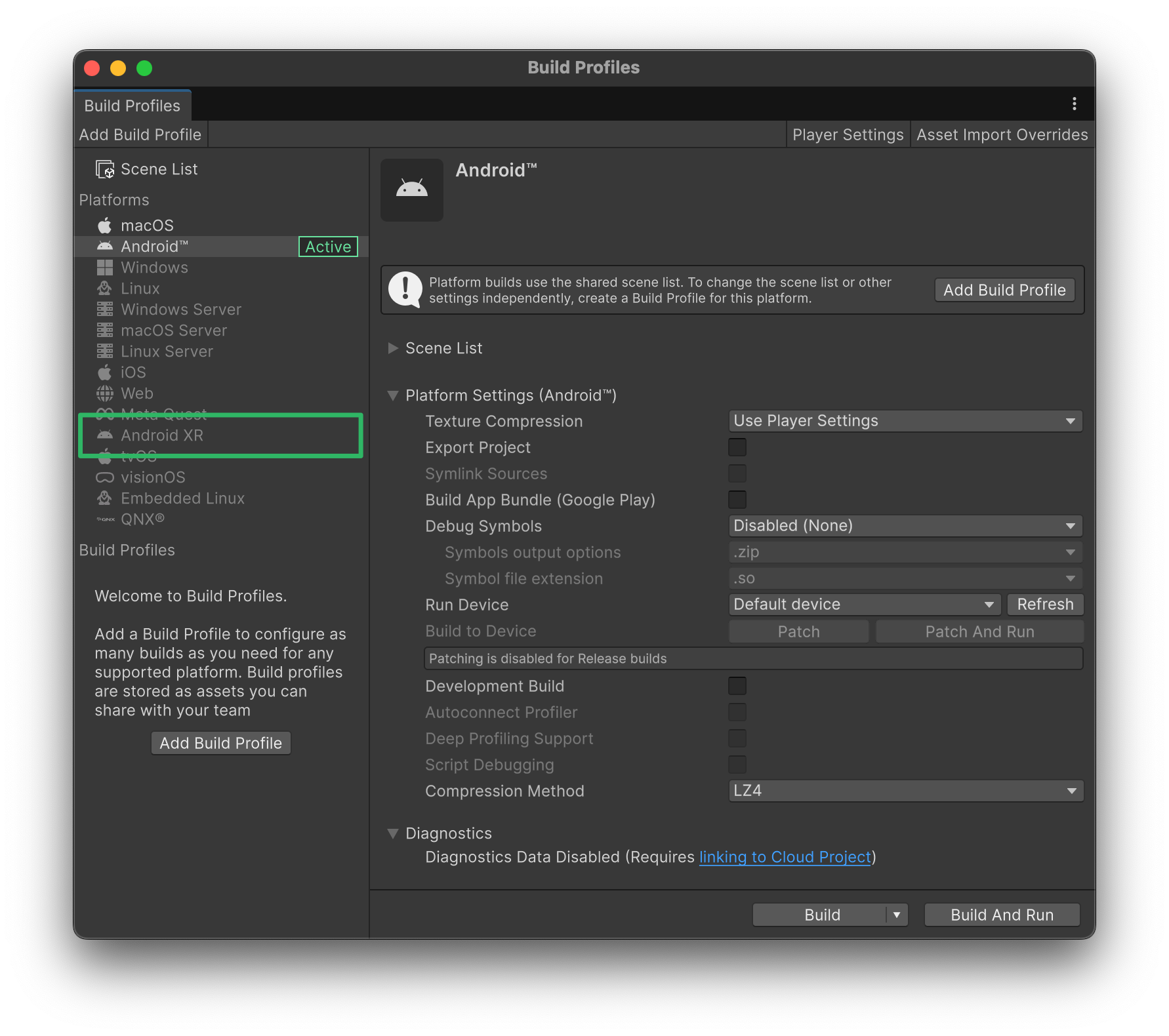 在 Unity 的设置中选择 Android XR build profile。