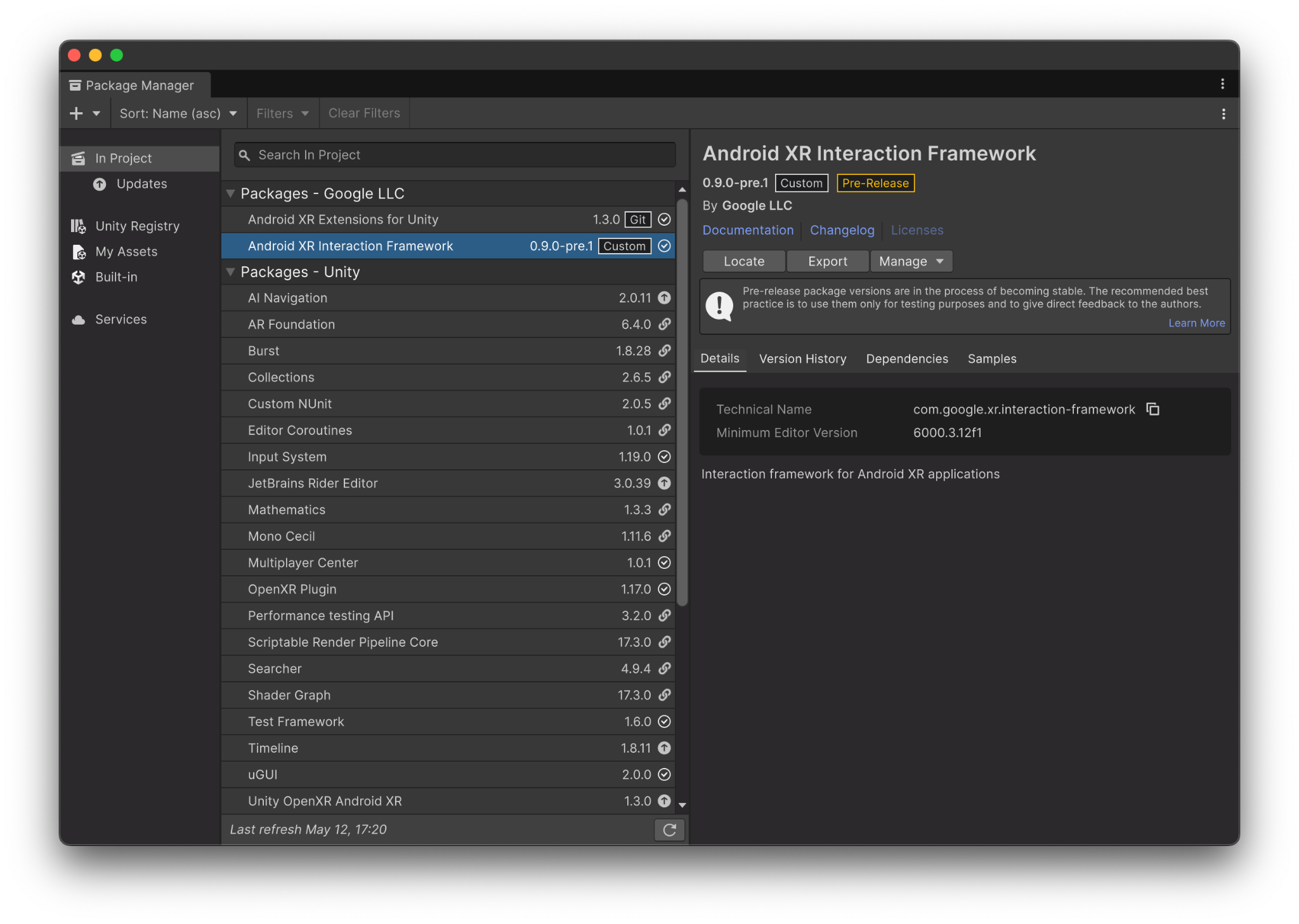 Unity 的 Package Manager 中的 AXRIF 软件包详细信息。