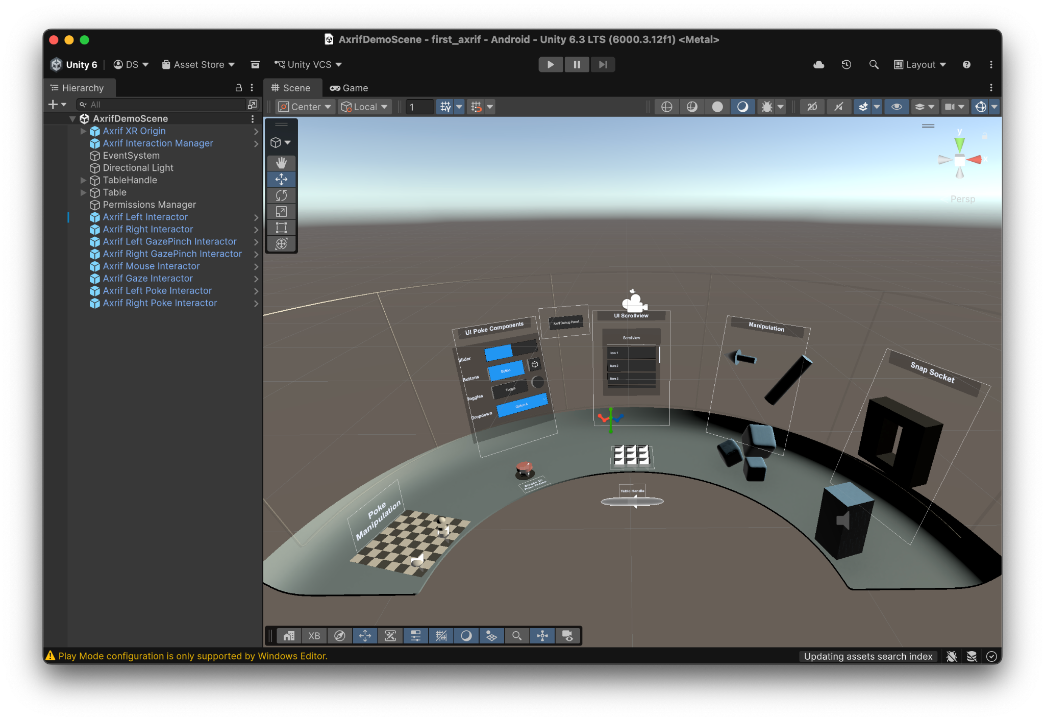 استورِد حزمة AXRIF النموذجية في "مدير الحزم" في Unity.