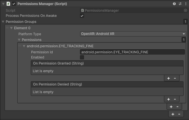 Impostazioni di Unity per i gruppi di autorizzazioni con l&#39;autorizzazione
android.permission.EYE_TRACKING_FINE richiesta
