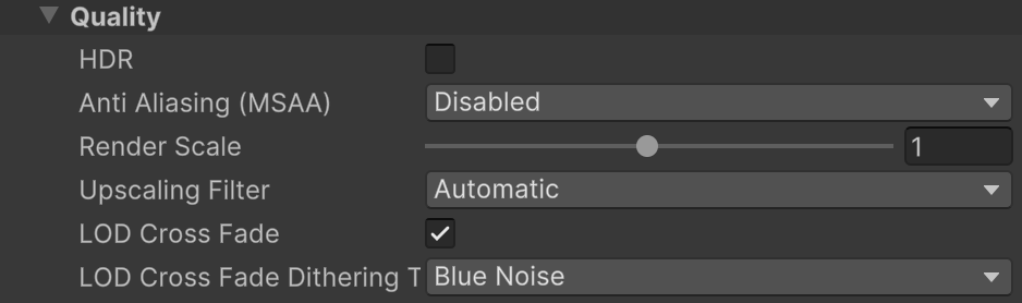권장 설정이 표시된 범용 렌더링 파이프라인 애셋