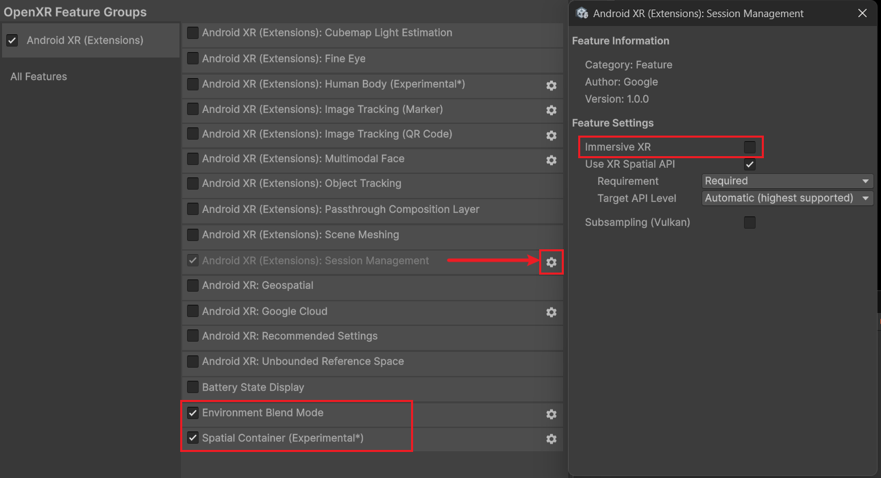 Unity OpenXR Feature Groups showing Immersive XR cleared in Session Management and Spatial Container enabled.