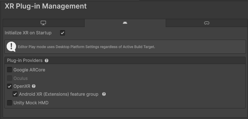 Unity XR Plug-in Management settings showing OpenXR and Android XR (Extensions) feature group enabled.