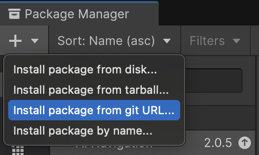 Example of the Add package from git URL button in the UI