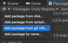 ตัวอย่างปุ่ม &quot;เพิ่มแพ็กเกจจาก URL ของ Git&quot; ใน UI