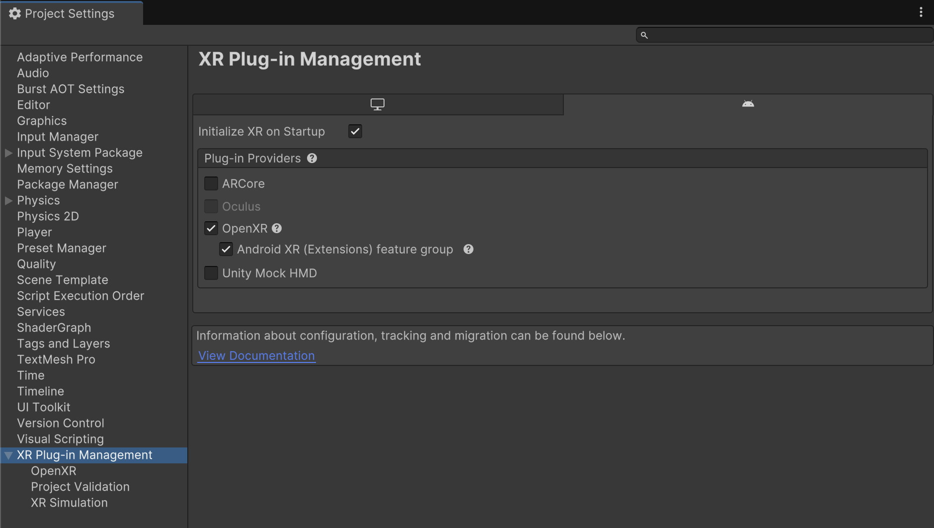 Example of the project settings screen