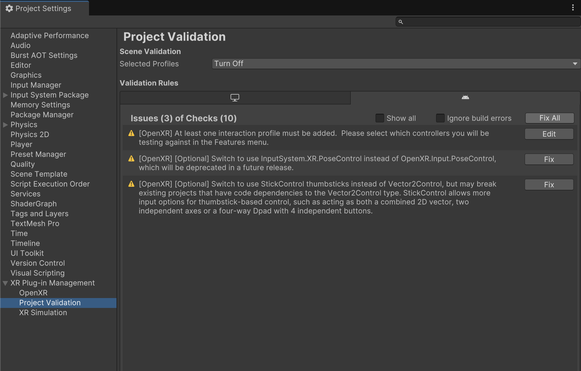 Example of the project validation settings