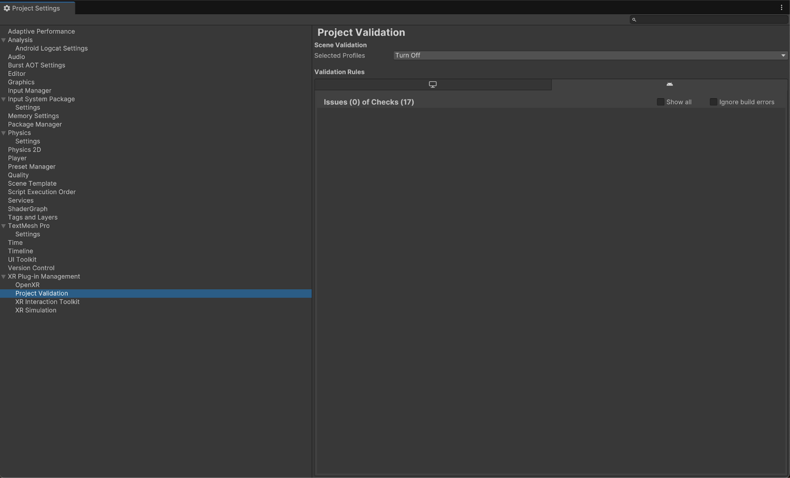 Ejemplo de la configuración de validación del proyecto