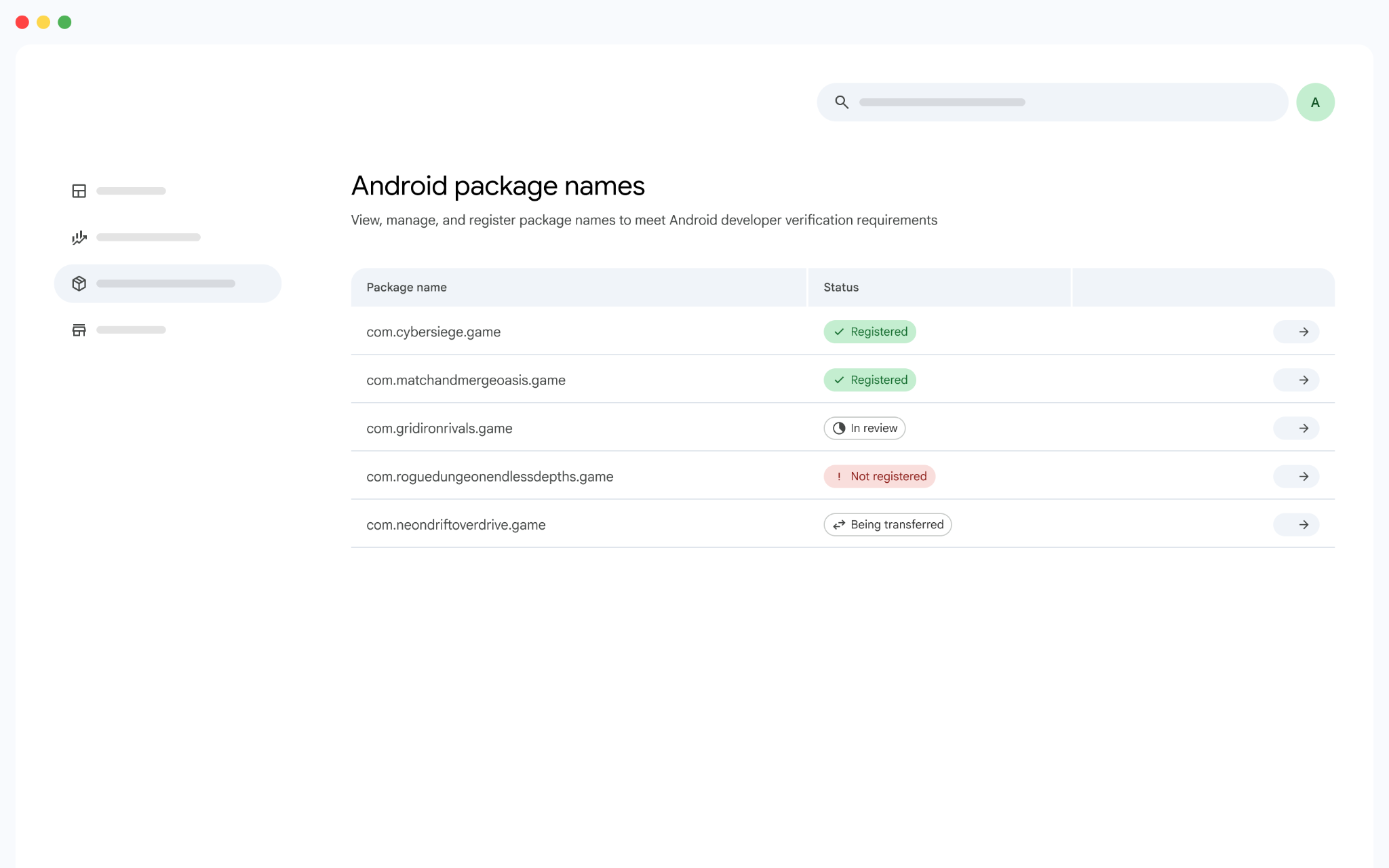 Form for registering package name and selecting signing key.