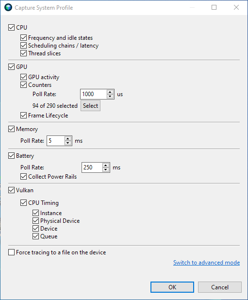 Caixa de diálogo de configuração de captura