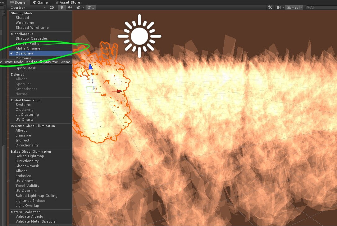 Ein Beispiel für das Visualisierungstool „Overdraw“ im Unity-Editor