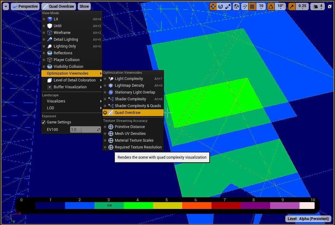 Contoh alat visualisasi overdraw di editor Unreal