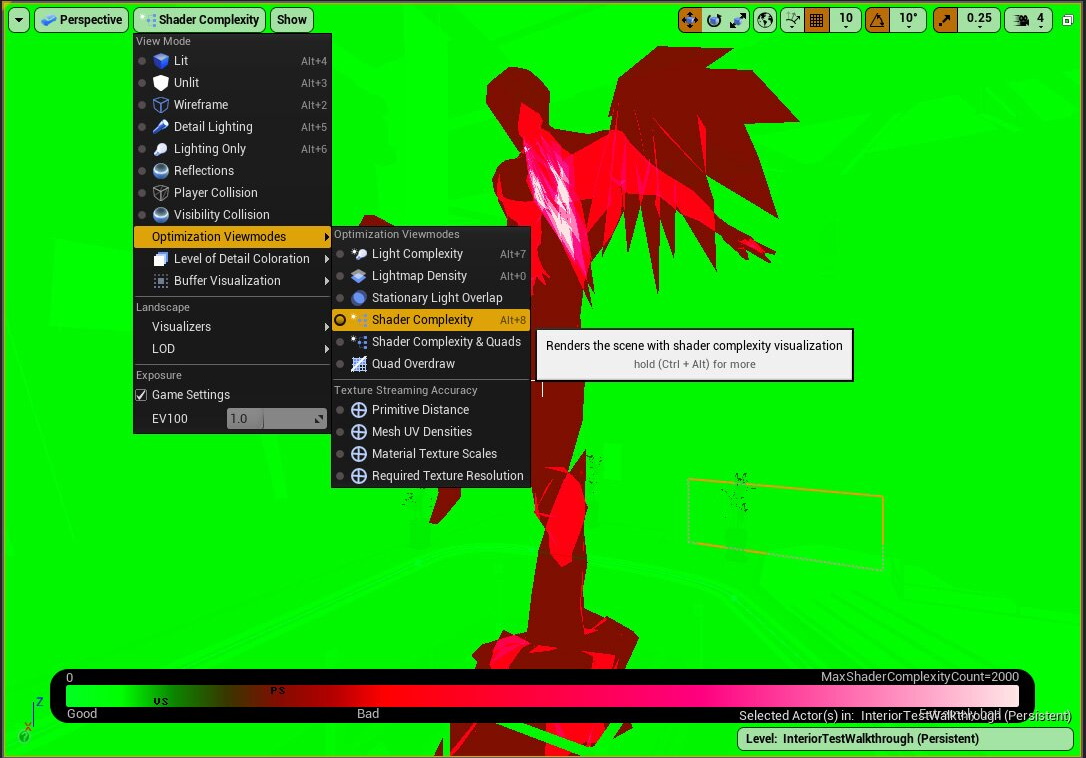 Mode tampilan Shader Complexity di editor Unreal