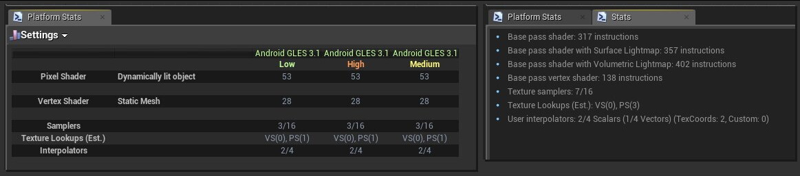 Unreal 편집기에 표시되는 Material Stats