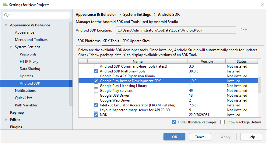 téléchargement du sdk Google Play Instant