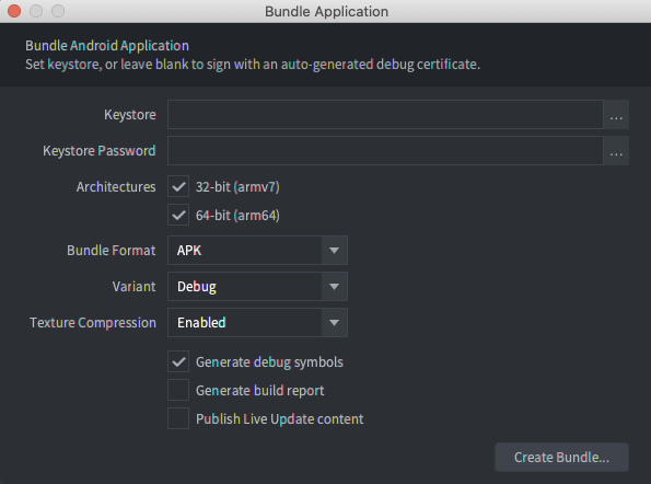 Defold の [Bundle Application] ウィンドウ