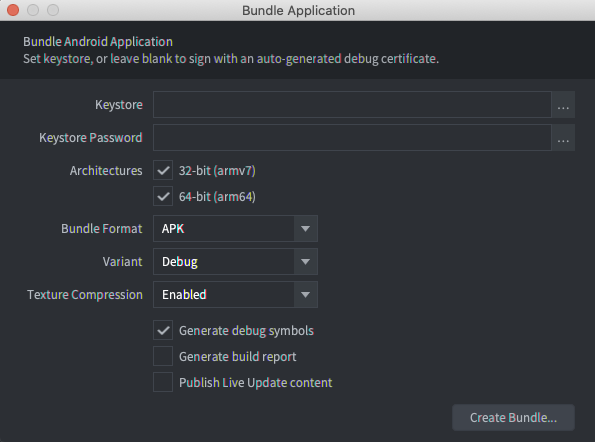 Cửa sổ Bundle Application (Gói ứng dụng) trong Defold